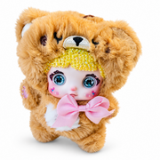 yellow kawaii plush pendant with sparkling crystal hair, soft brown fur, white belly and large pink bow